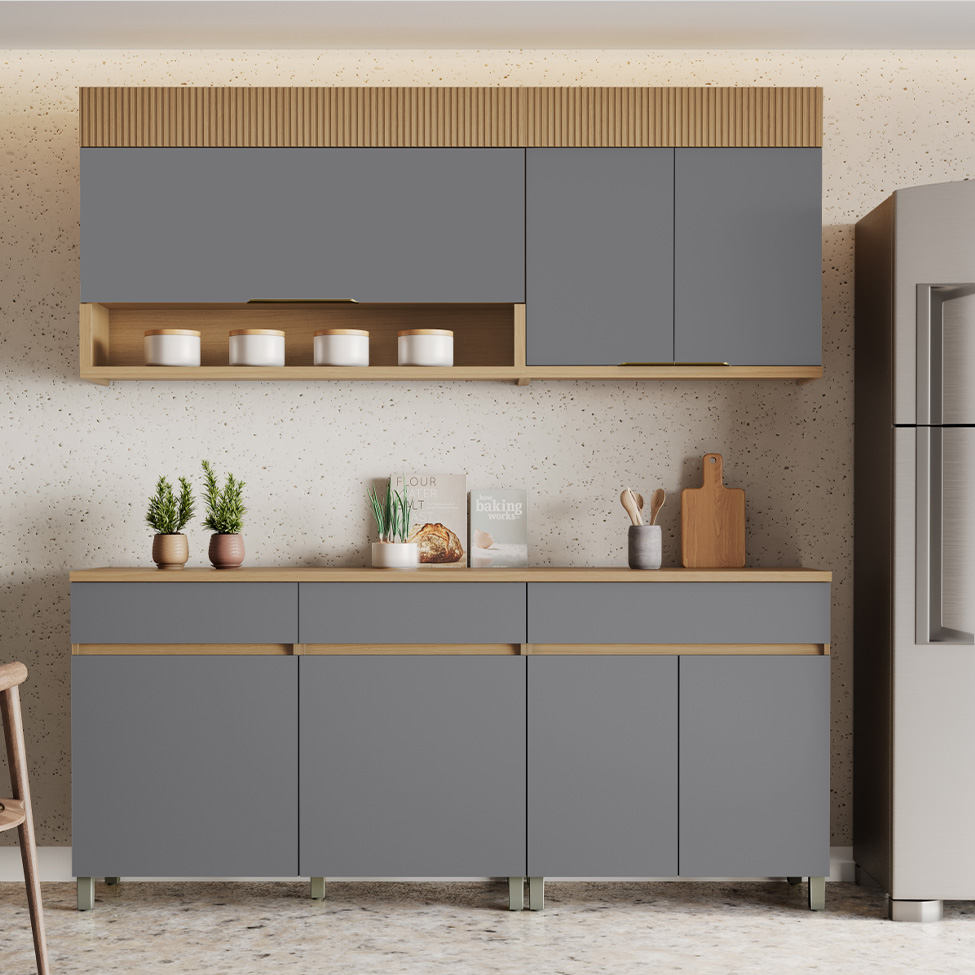 Cozinha Compacta 100% MDF Realeza Premium 7 Portas 3 Gavetas Titânio e Carvalho