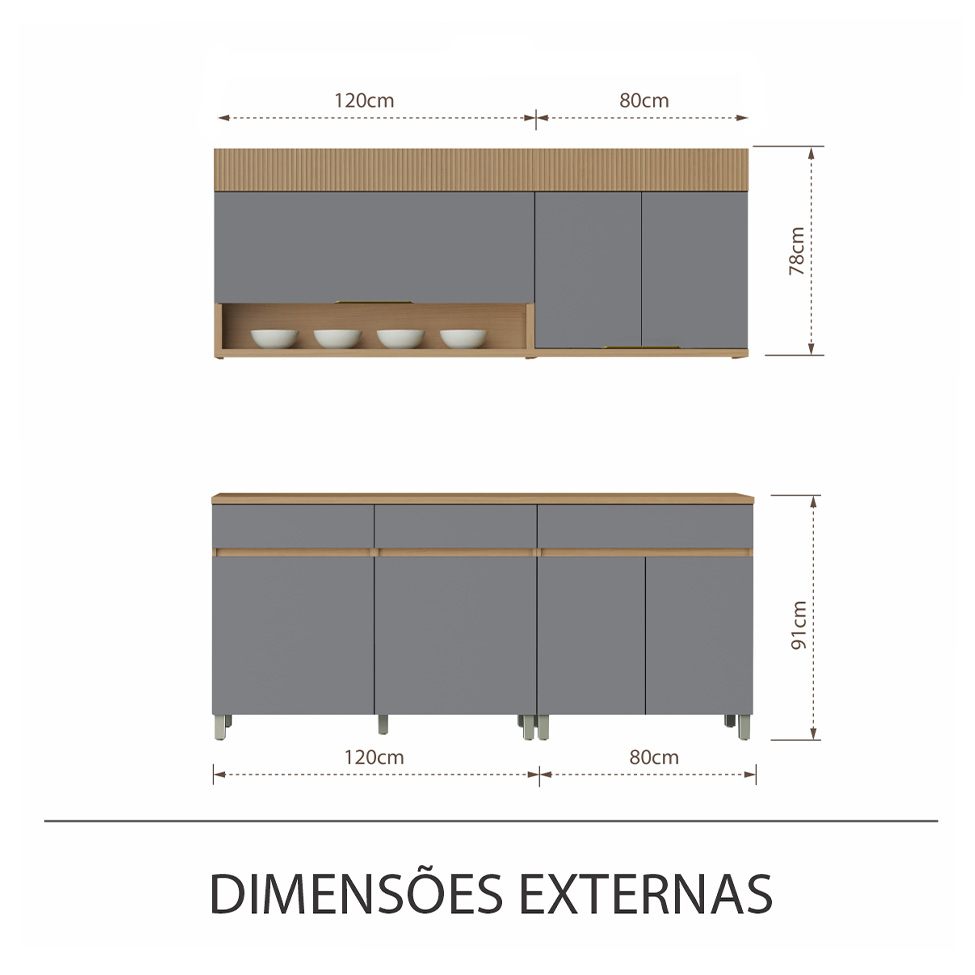 Cozinha Compacta 100% MDF Realeza Premium 7 Portas 3 Gavetas Titânio e Carvalho