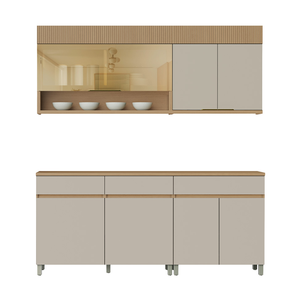 Cozinha Compacta 100% MDF com Vidro Reflecta Realeza Premium 7 Portas 3 Gavetas Bege e Carvalho