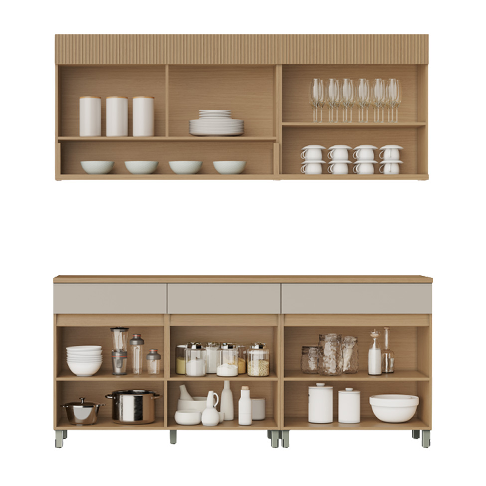 Cozinha Compacta 100% MDF com Vidro Reflecta Realeza Premium 7 Portas 3 Gavetas Bege e Carvalho