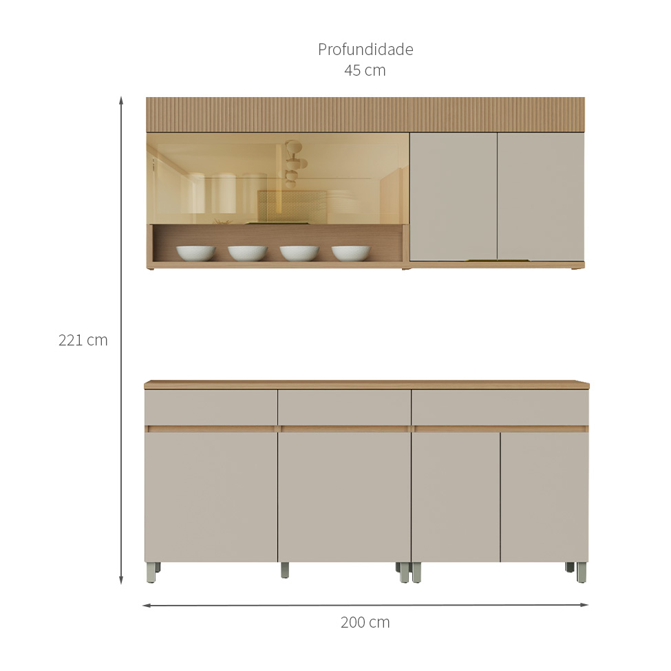 Cozinha Compacta 100% MDF com Vidro Reflecta Realeza Premium 7 Portas 3 Gavetas Bege e Carvalho