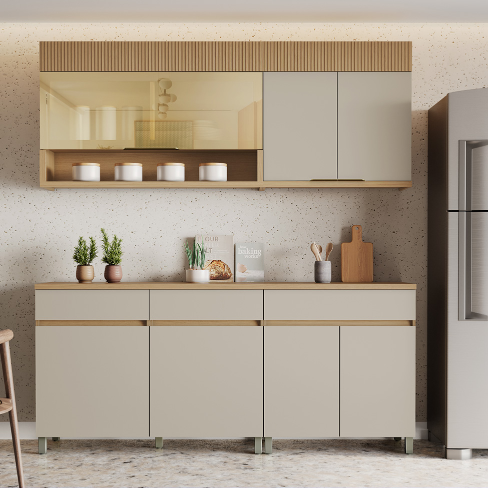 Cozinha Compacta 100% MDF com Vidro Reflecta Realeza Premium 7 Portas 3 Gavetas Bege e Carvalho