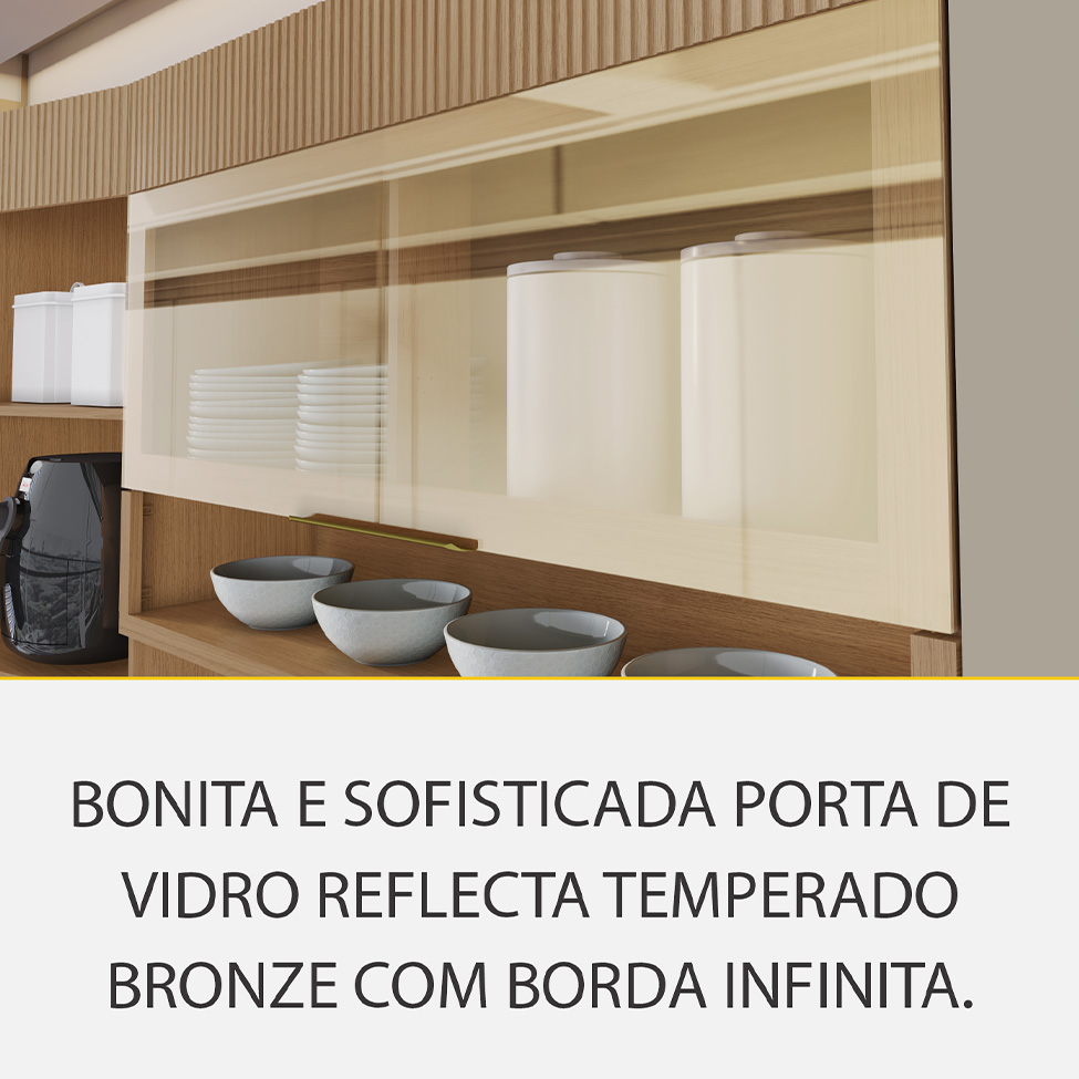 Cozinha Compacta 100% MDF com Vidro Reflecta Realeza Premium 7 Portas 3 Gavetas Bege e Carvalho