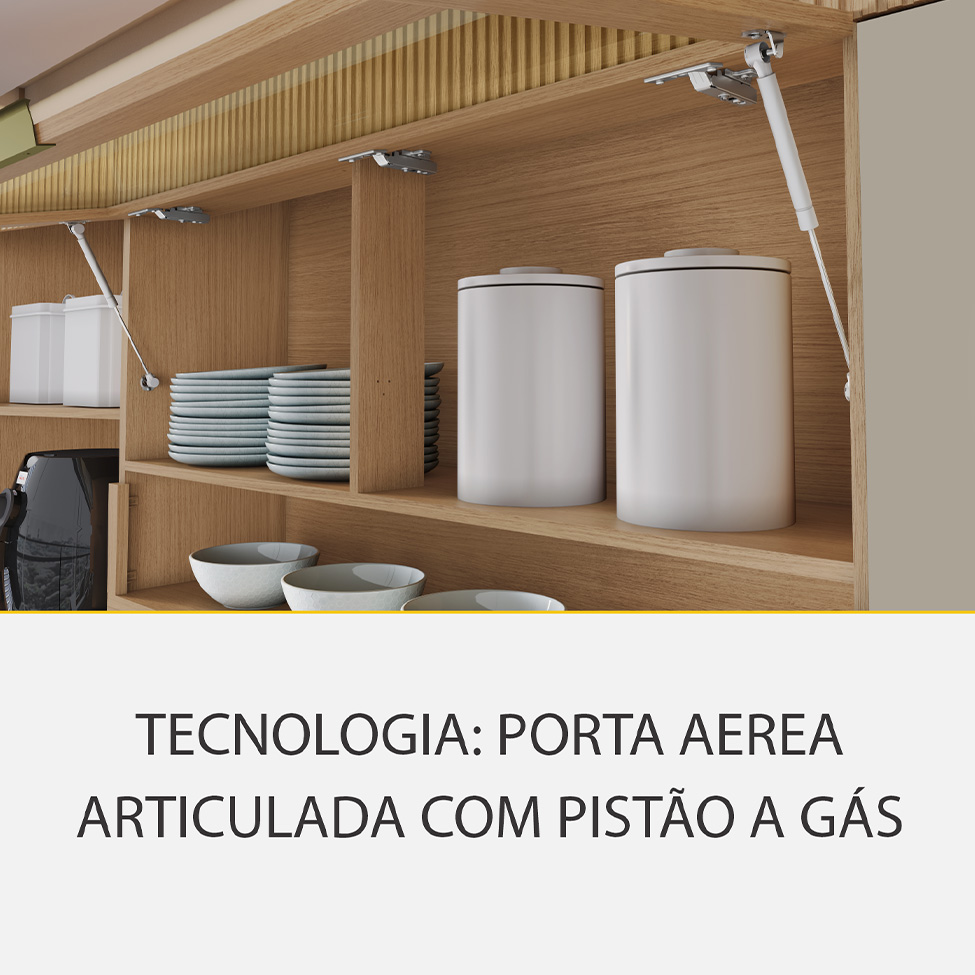 Cozinha Compacta 100% MDF com Vidro Reflecta Realeza Premium 7 Portas 3 Gavetas Bege e Carvalho