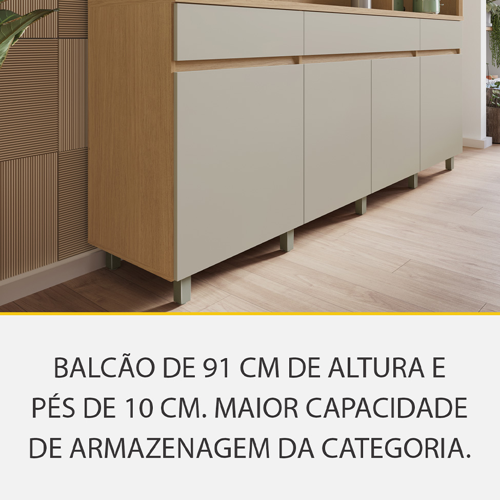 Cozinha Compacta 100% MDF com Vidro Reflecta Realeza Premium 7 Portas 3 Gavetas Bege e Carvalho