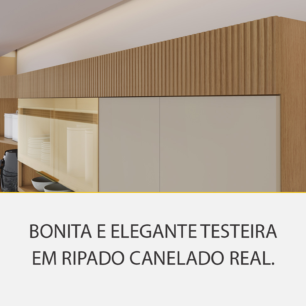 Cozinha Compacta 100% MDF com Vidro Reflecta Realeza Premium 7 Portas 3 Gavetas Bege e Carvalho