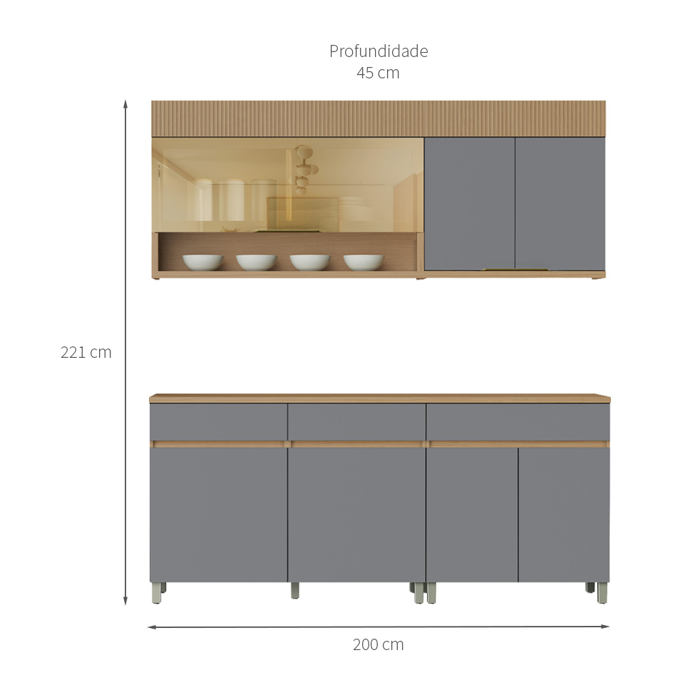 Cozinha Compacta 100% MDF com Vidro Reflecta Realeza Premium 7 Portas 3 Gavetas Titânio e Carvalho