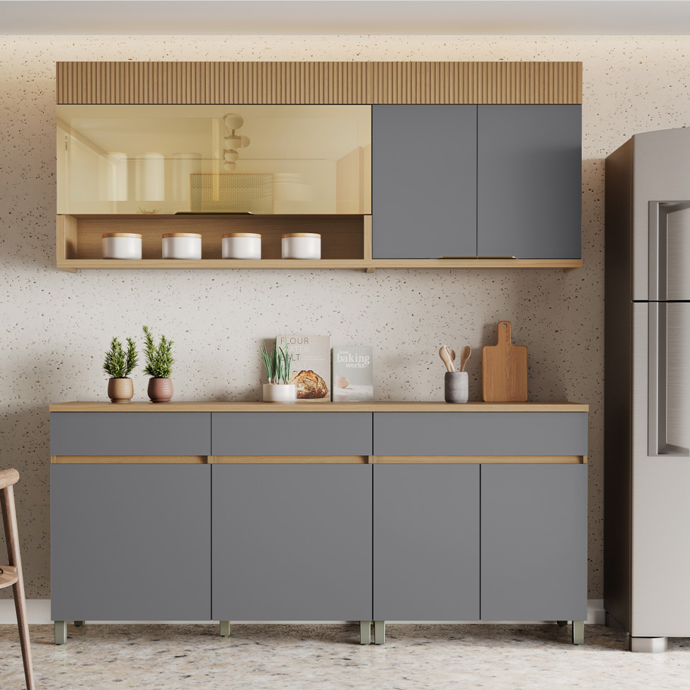 Cozinha Compacta 100% MDF com Vidro Reflecta Realeza Premium 7 Portas 3 Gavetas Titânio e Carvalho