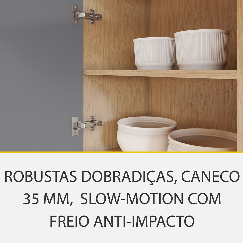 Cozinha Compacta 100% MDF com Vidro Reflecta Realeza Premium 7 Portas 3 Gavetas Titânio e Carvalho