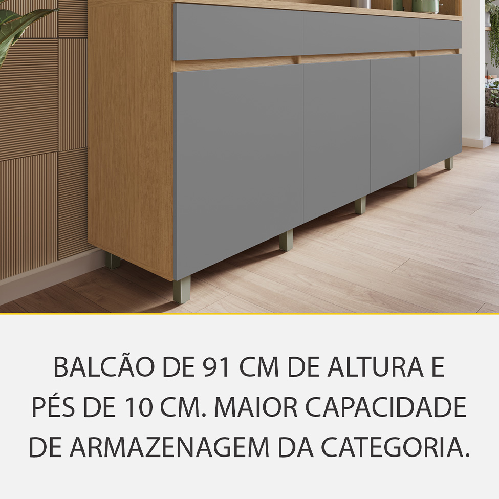 Cozinha Compacta 100% MDF com Vidro Reflecta Realeza Premium 7 Portas 3 Gavetas Titânio e Carvalho