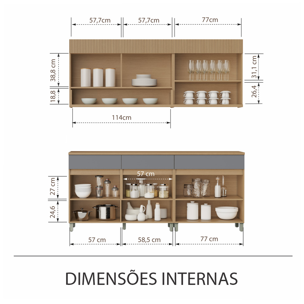 Cozinha Compacta 100% MDF com Vidro Reflecta Realeza Premium 7 Portas 3 Gavetas Titânio e Carvalho