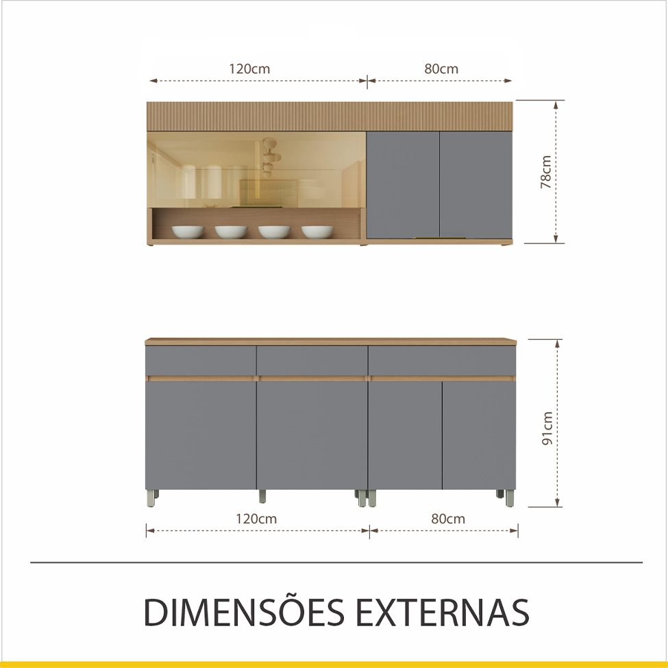 Cozinha Compacta 100% MDF com Vidro Reflecta Realeza Premium 7 Portas 3 Gavetas Titânio e Carvalho