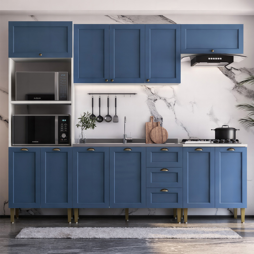 Cozinha Compacta 11 Portas 3 Gavetas Azul e Branco