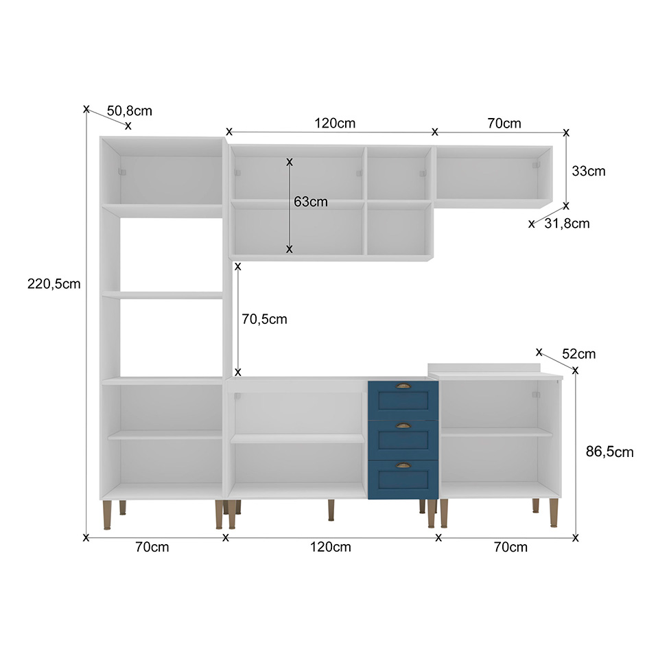 Cozinha Compacta 11 Portas 3 Gavetas Azul e Branco