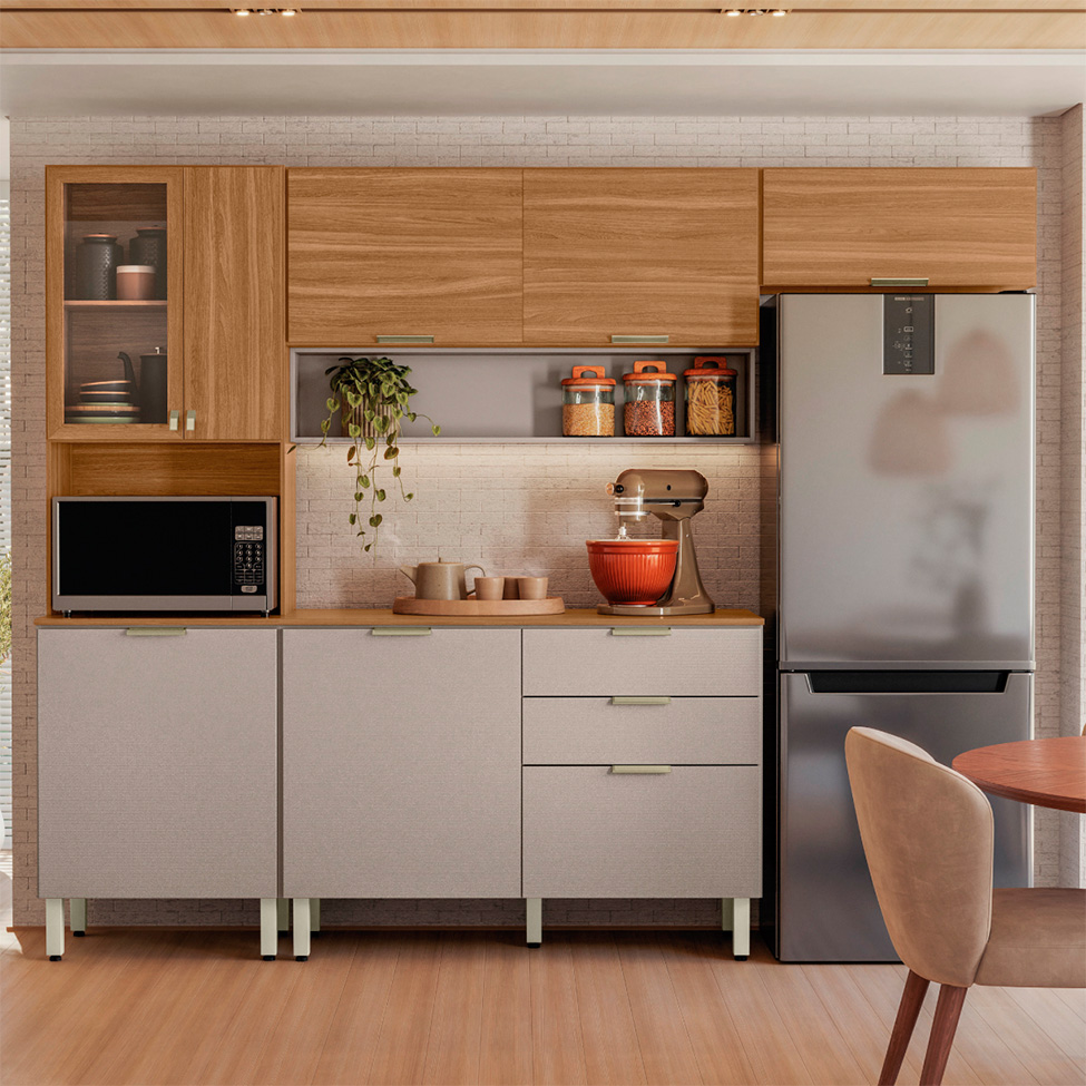 Cozinha Compacta Alba 8 Portas 2 Gavetas Amêndola e Nude