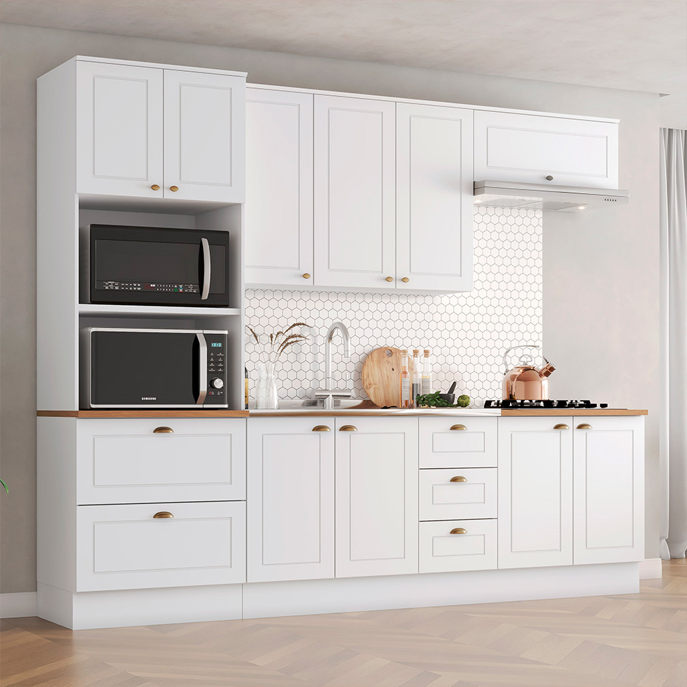 Cozinha Compacta Americana 10 Portas 5 Gavetas Branca e Nature