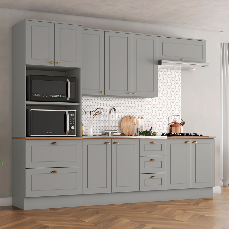 Cozinha Compacta Americana 10 Portas 5 Gavetas Cinza e Nature