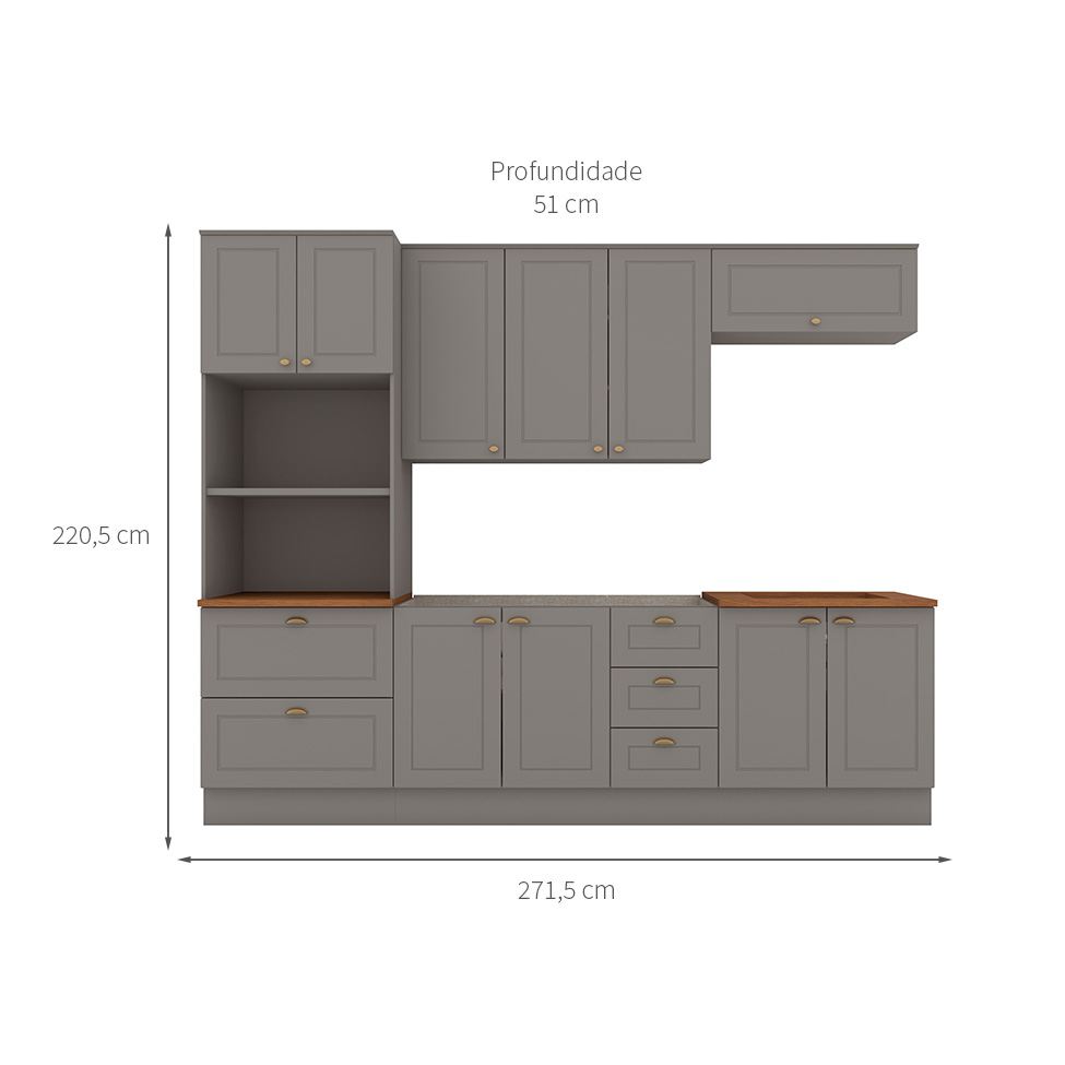 Cozinha Compacta Americana 10 Portas 5 Gavetas Cinza e Nature