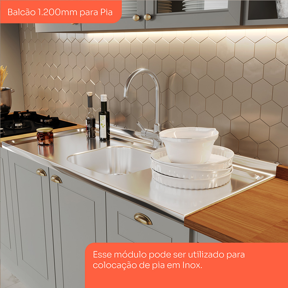 Cozinha Compacta Americana 10 Portas 5 Gavetas Cinza e Nature