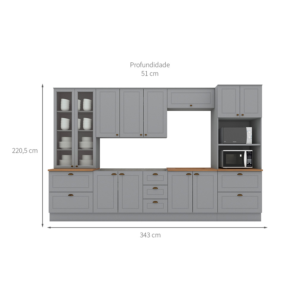 Cozinha Compacta Americana 12 Portas 7 Gavetas Branca e Cinza