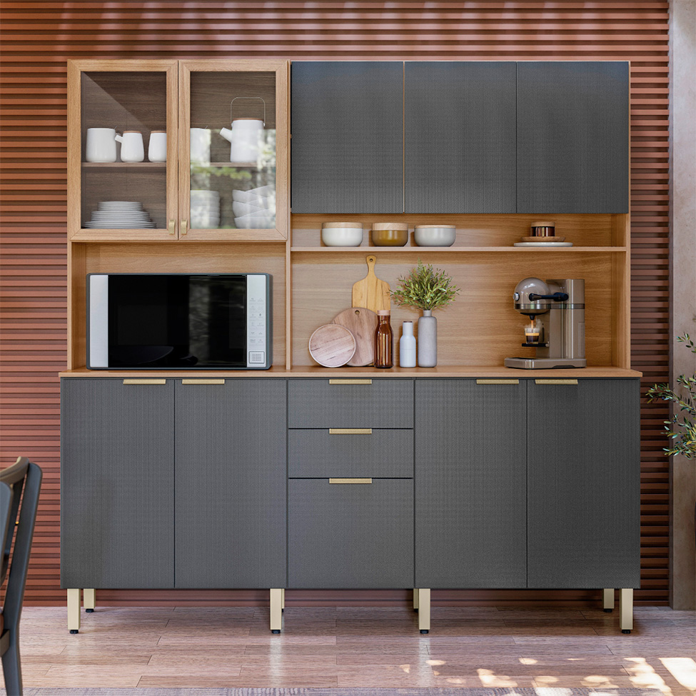 Cozinha Compacta Berry 10 Portas 2 Gavetas Amêndola e Grafite