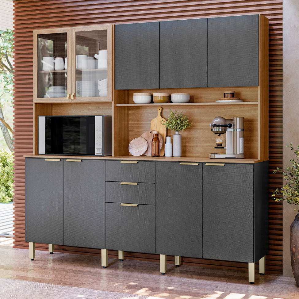 Cozinha Compacta Berry 10 Portas 2 Gavetas Amêndola e Grafite
