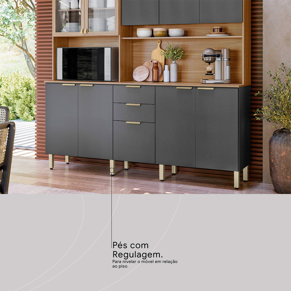 Cozinha Compacta Berry 10 Portas 2 Gavetas Amêndola e Grafite