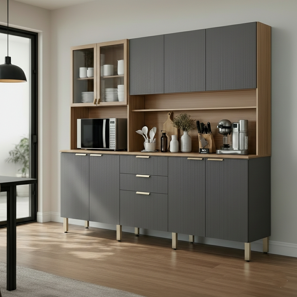 Cozinha Compacta Berry 10 Portas 2 Gavetas Amêndola e Grafite