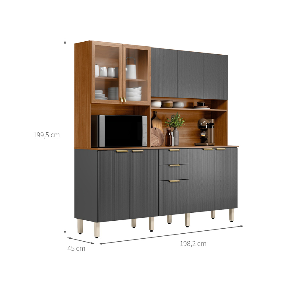 Cozinha Compacta Berry 10 Portas 2 Gavetas Amêndola e Grafite