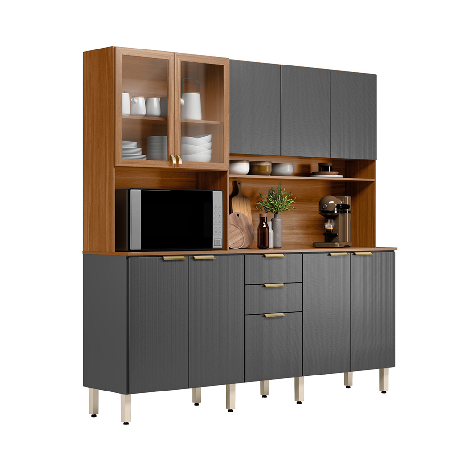 Cozinha Compacta Berry 10 Portas 2 Gavetas Amêndola e Grafite