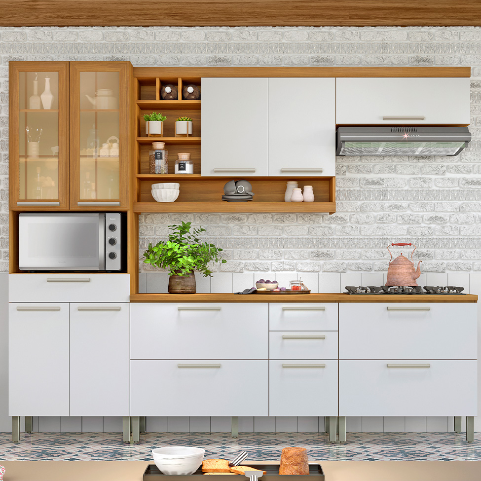 Cozinha Compacta Burgesa Premium com Vidro Reflecta 10 Portas 5 Gavetas Freijó e Branco