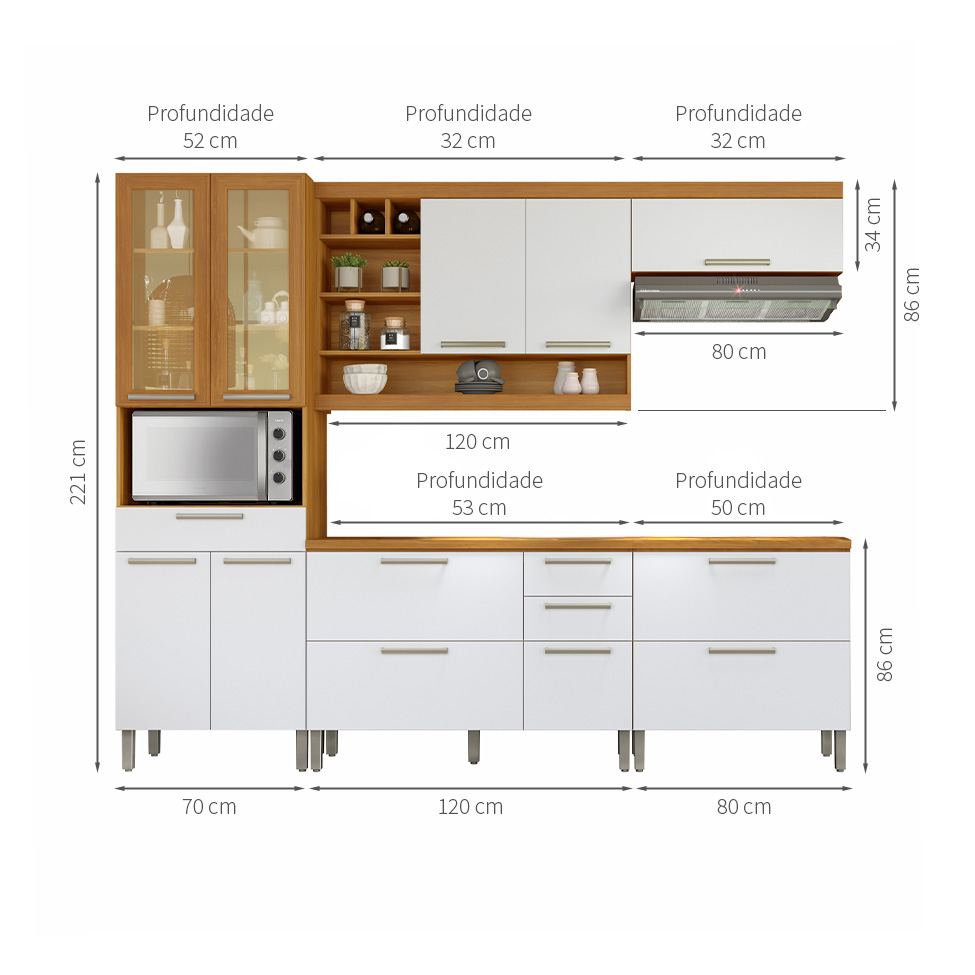Cozinha Compacta Burgesa Premium com Vidro Reflecta 10 Portas 5 Gavetas Freijó e Branco