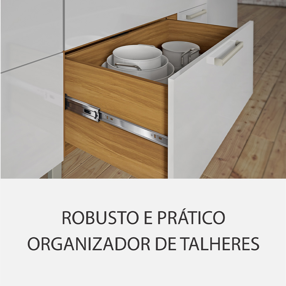 Cozinha Compacta Burgesa Premium com Vidro Reflecta 10 Portas 5 Gavetas Freijó e Branco