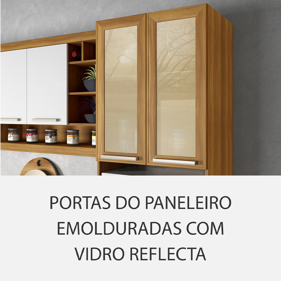 Cozinha Compacta Burgesa Premium com Vidro Reflecta 10 Portas 5 Gavetas Freijó e Branco