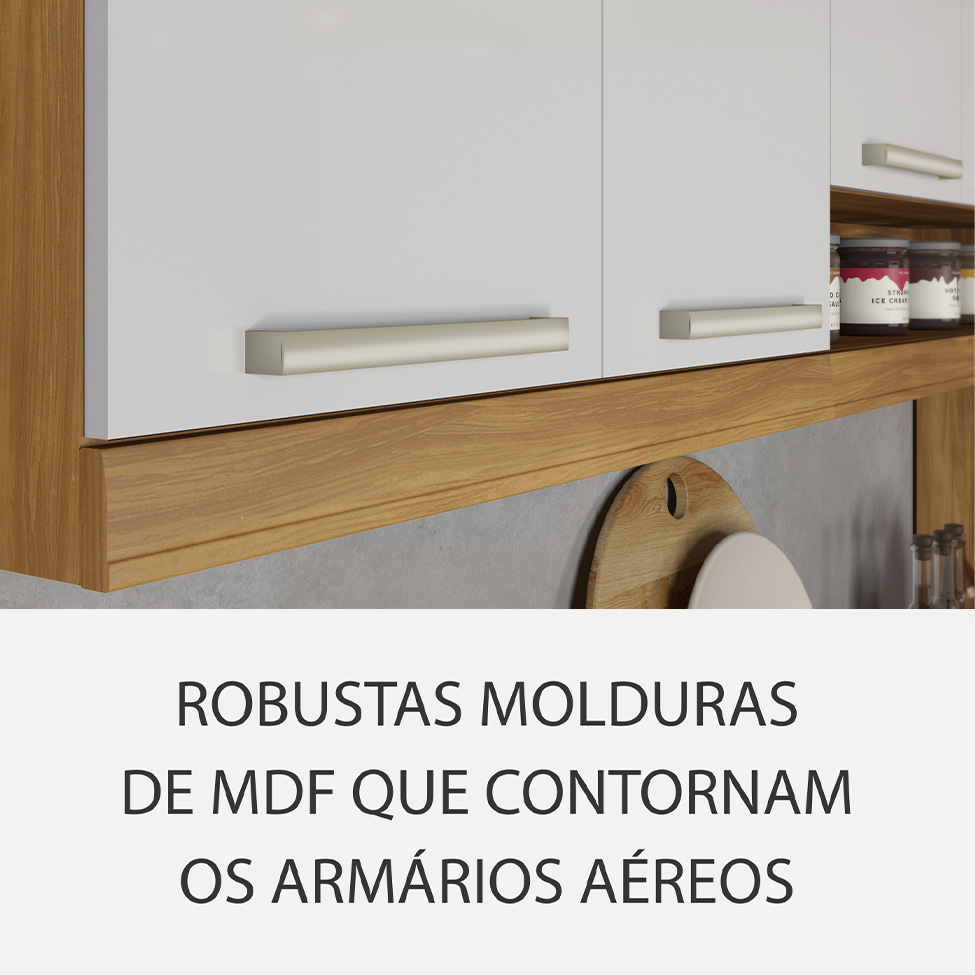 Cozinha Compacta Burgesa Premium com Vidro Reflecta 10 Portas 5 Gavetas Freijó e Branco