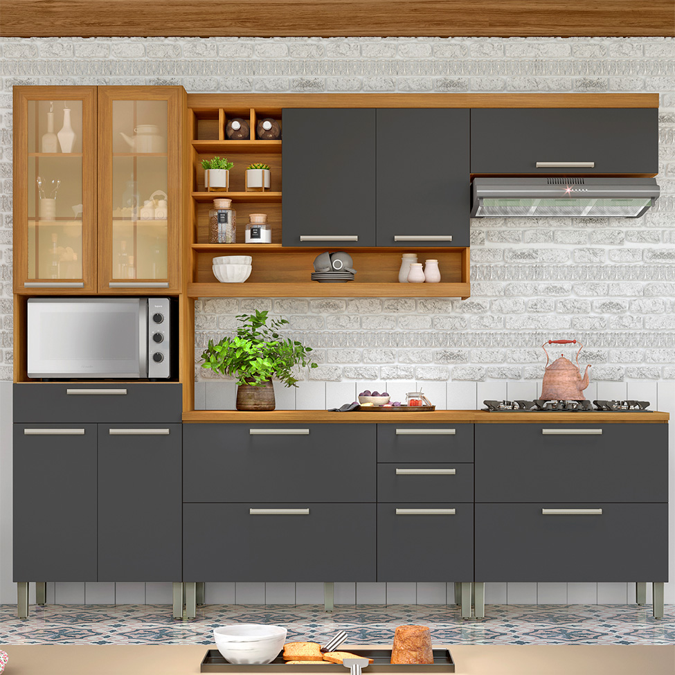 Cozinha Compacta Burguesa Premium com Vidro Reflecta 10 Portas 5 Gavetas Freijó e Grafite