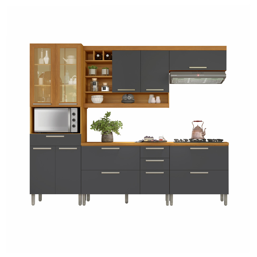 Cozinha Compacta Burguesa Premium com Vidro Reflecta 10 Portas 5 Gavetas Freijó e Grafite