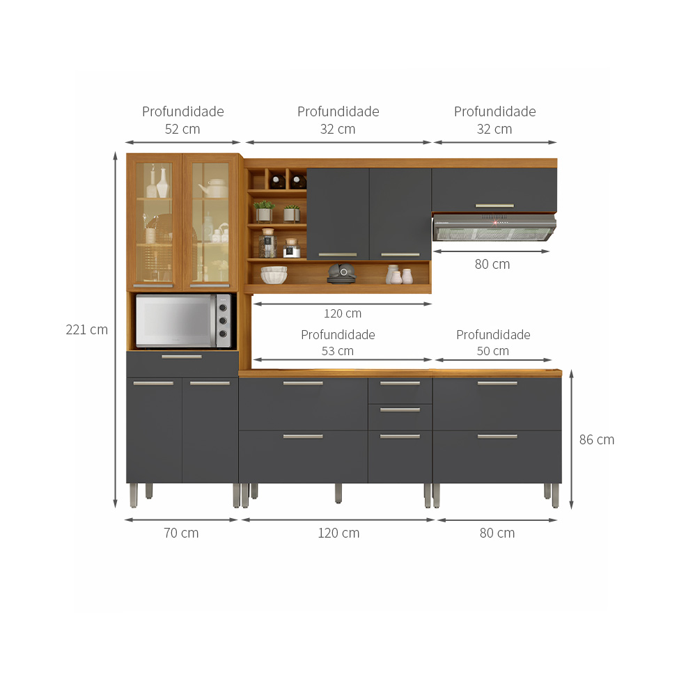Cozinha Compacta Burguesa Premium com Vidro Reflecta 10 Portas 5 Gavetas Freijó e Grafite