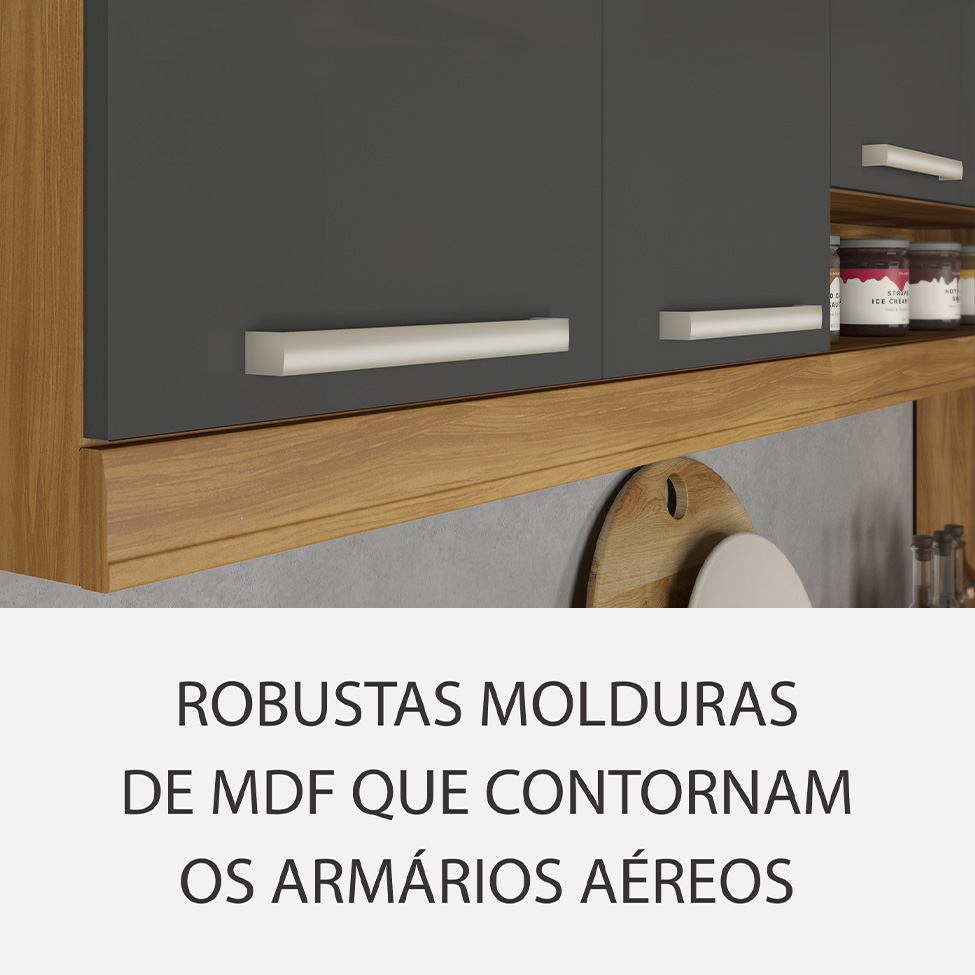 Cozinha Compacta Burguesa Premium com Vidro Reflecta 10 Portas 5 Gavetas Freijó e Grafite