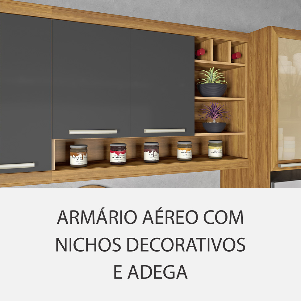Cozinha Compacta Burguesa Premium com Vidro Reflecta 10 Portas 5 Gavetas Freijó e Grafite