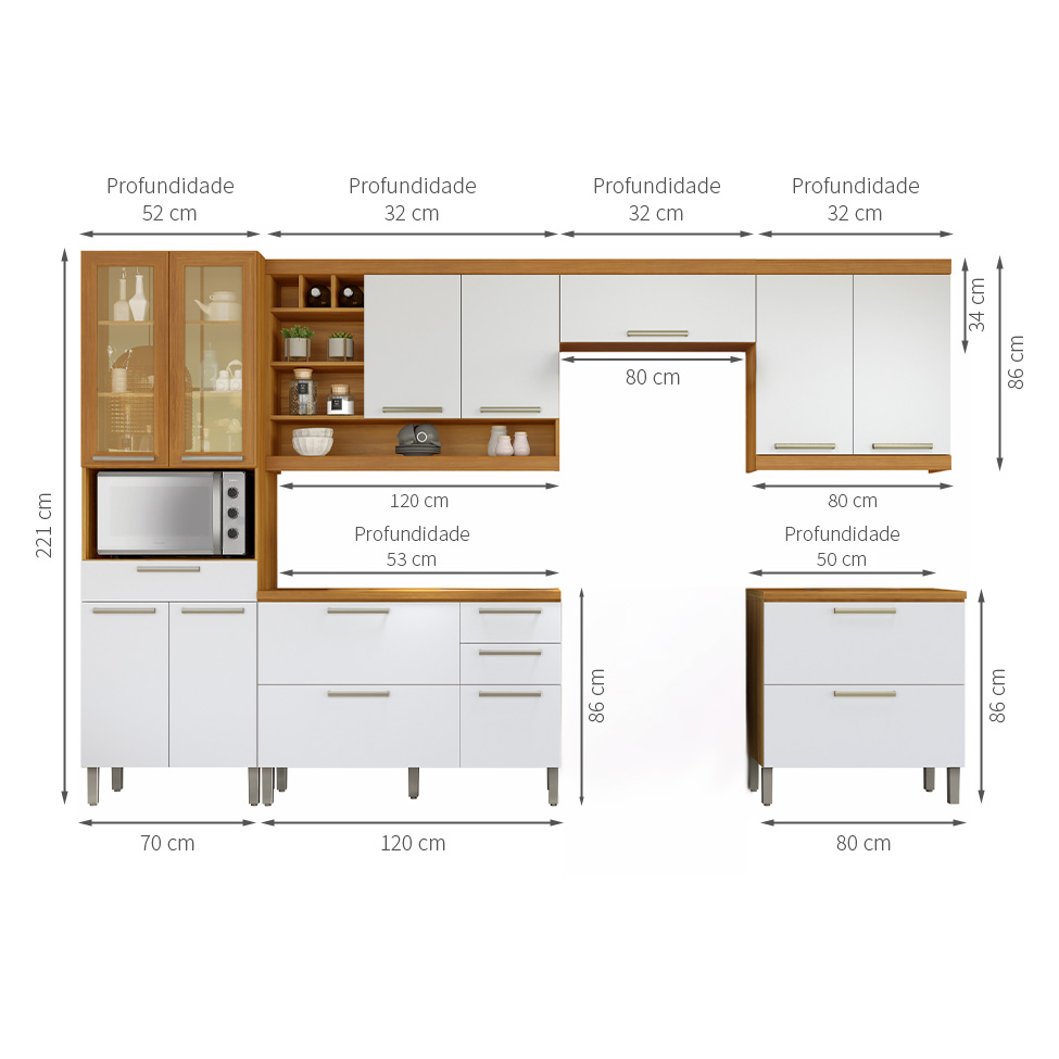 Cozinha Compacta Burguesa Premium com Vidro Reflecta 12 Portas 5 Gavetas Freijó e Branca
