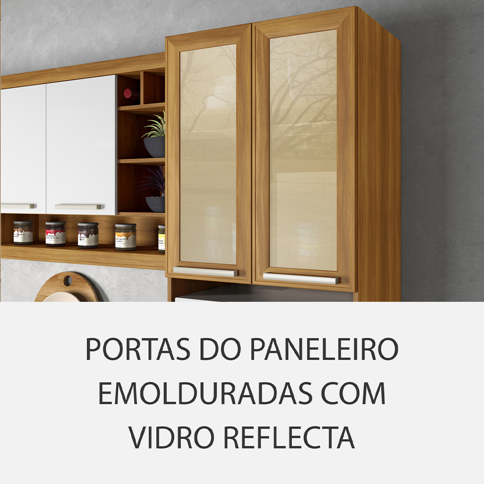 Cozinha Compacta Burguesa Premium com Vidro Reflecta 12 Portas 5 Gavetas Freijó e Branca