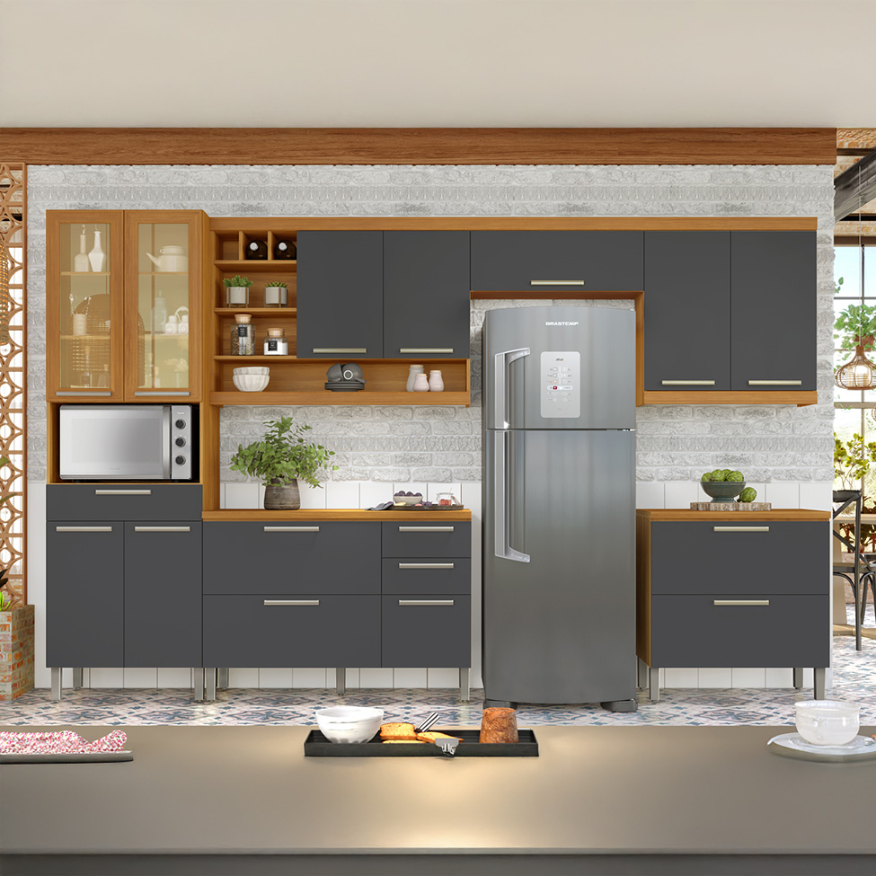Cozinha Compacta Burguesa Premium com Vidro Reflecta 12 Portas 5 Gavetas Freijó e Grafite