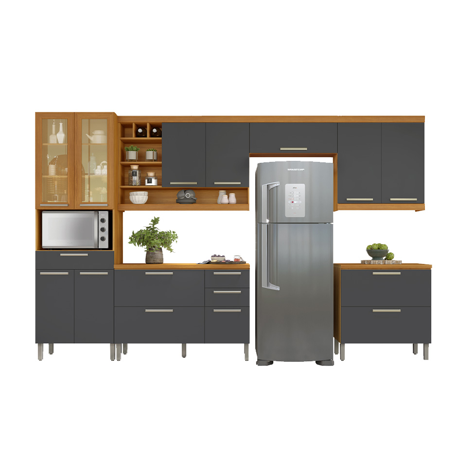 Cozinha Compacta Burguesa Premium com Vidro Reflecta 12 Portas 5 Gavetas Freijó e Grafite