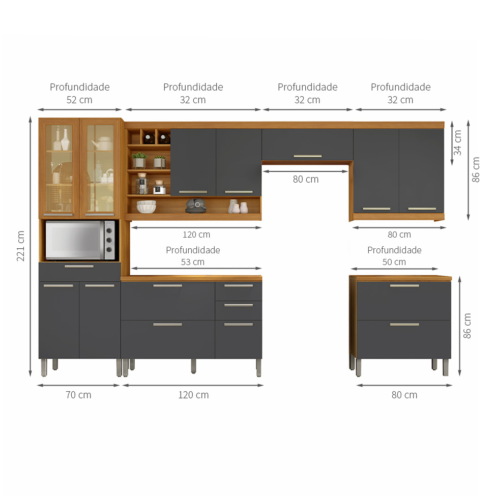 Cozinha Compacta Burguesa Premium com Vidro Reflecta 12 Portas 5 Gavetas Freijó e Grafite