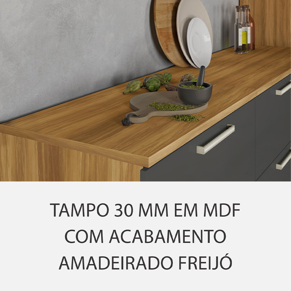 Cozinha Compacta Burguesa Premium com Vidro Reflecta 12 Portas 5 Gavetas Freijó e Grafite