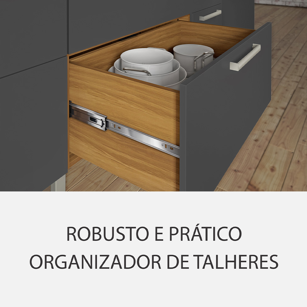 Cozinha Compacta Burguesa Premium com Vidro Reflecta 12 Portas 5 Gavetas Freijó e Grafite