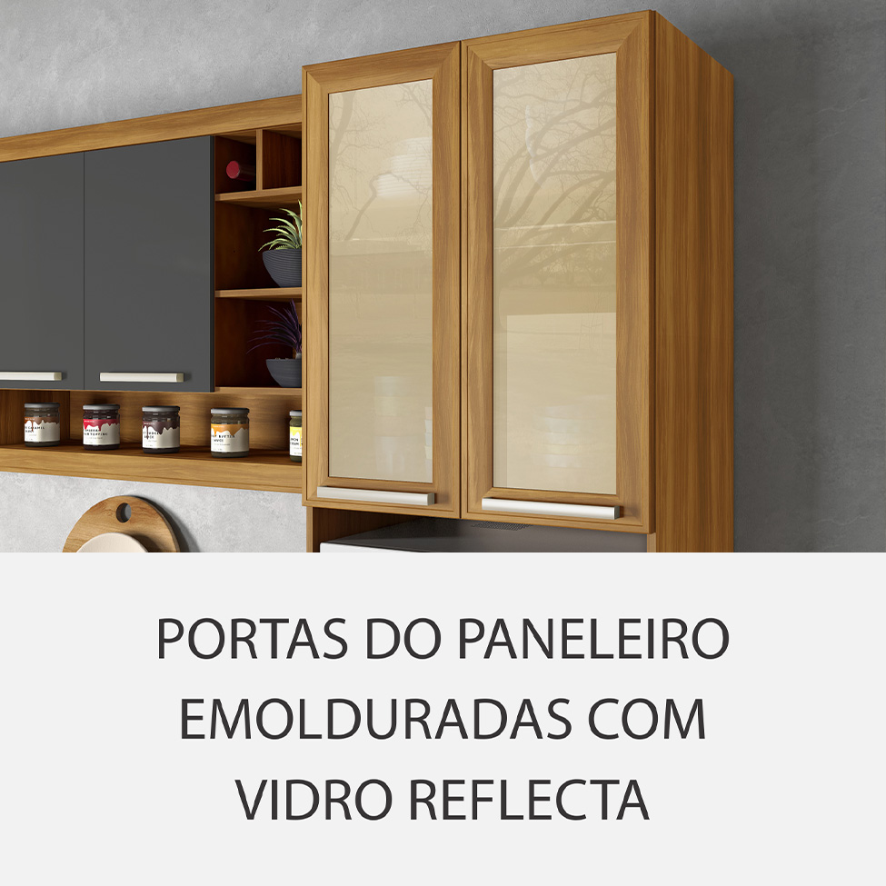 Cozinha Compacta Burguesa Premium com Vidro Reflecta 12 Portas 5 Gavetas Freijó e Grafite