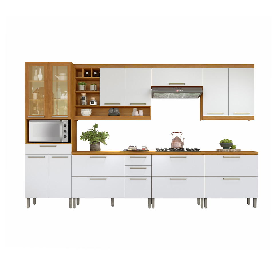 Cozinha Compacta Burguesa Premium com Vidro Reflecta 13 Portas 6 Gavetas Freijó e Branca