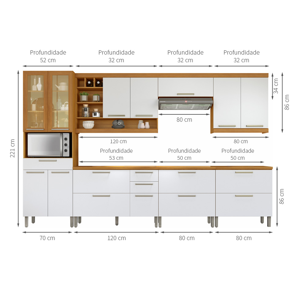 Cozinha Compacta Burguesa Premium com Vidro Reflecta 13 Portas 6 Gavetas Freijó e Branca